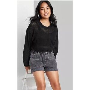Women's Wild Fable Crewneck Open Knit Cropped Pullover Black Medium